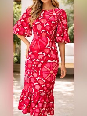 RHODE Red Floral Midi Dress Puff Sleeve Ruffle Hem Cotton Size 14